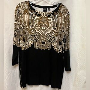 Rafella Black and Gold Paisley Blouse with side zippers. Women’s L.